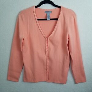 Designers Originals Women's M Peach Braided V Neck Cardigan Sweater Cotton